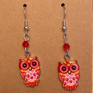 Hand Crafted Pink Multicolor Beaded Owl Dangle Earrings